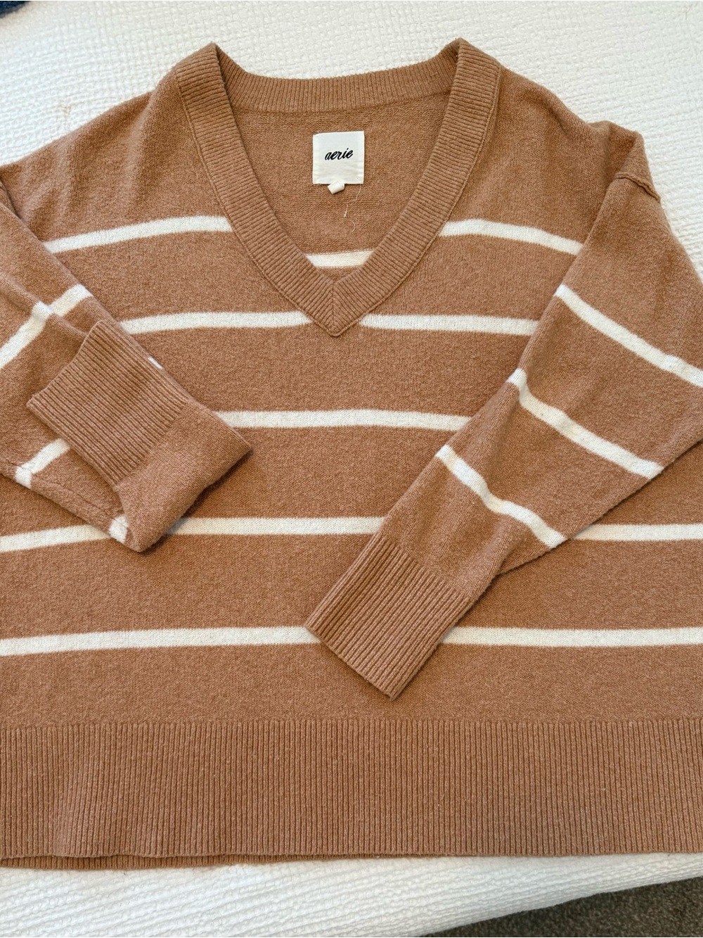 aerie Women's V-Neck Striped Sweater - Brown and White